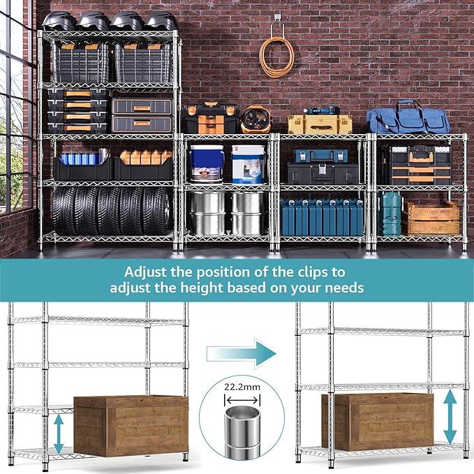 5-Shelf Storage Shelves,Wire Shelving Heavy Duty Metal Storage Shelving Unit Adjustable Garage Shelving Rack Pantry Kitchen (Chrome, 5 Tier,17.7