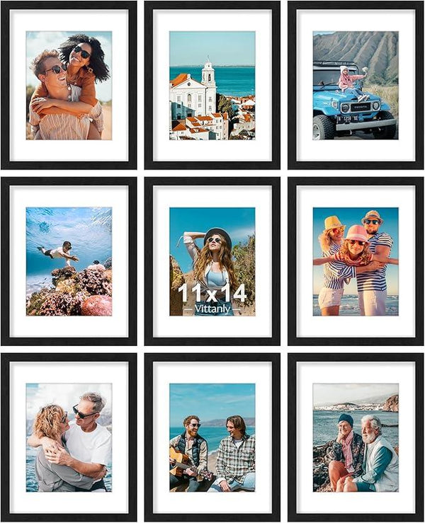 Vittanly 11x14 Picture Frames Set of 9, Shatter Resistant Plexiglass, Display 8x10 Pictures with Mat or 11x14 without Mat, Photo Frames for Wall or Tabletop, Engineered Wood, Black