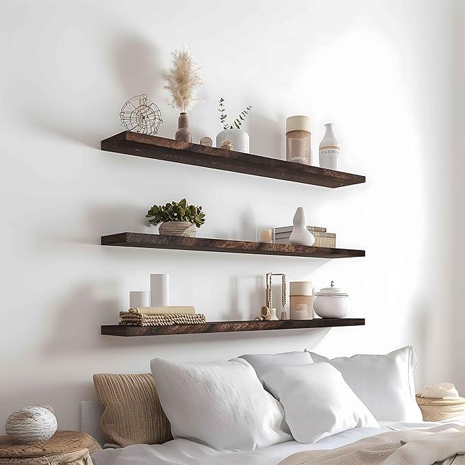 Wood Floating Shelves for Wall Decor, Rustic Wall Shelves for Bedroom Bathroom Kitchen Living Room, Set of 4 Walnut 36 Inch