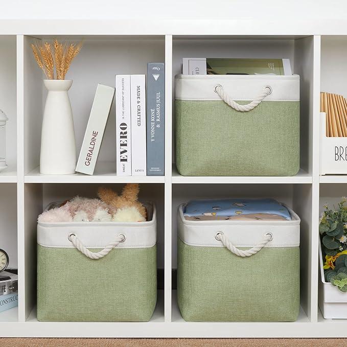 Bidtakay Large Fabric Baskets for Organizing [3-pack] Closet Organizers and Storage Baskets for Gifts Empty Foldable Nursery Baskets for Toy Storage 15 X 11 X 9.5 Inches (White&green)