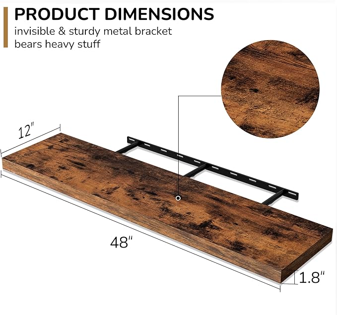 Fun Memories Floating Shelves - 12 Inch Rustic Wooden Wall Shelves - Extra Deeper & Thicker Wall Mounted Storage Shelf for Living Room, Kitchen, Farmhouse - 48