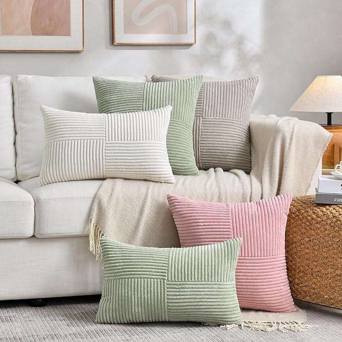 Fancy Homi 2 Packs Tan Lumbar Decorative Throw Pillow Covers 16x32 Inch for Living Room Couch Bed Sofa, Boho Home Decor, Soft Striped Corduroy Rectangle Accent Beige Cushion Case 40x80 cm