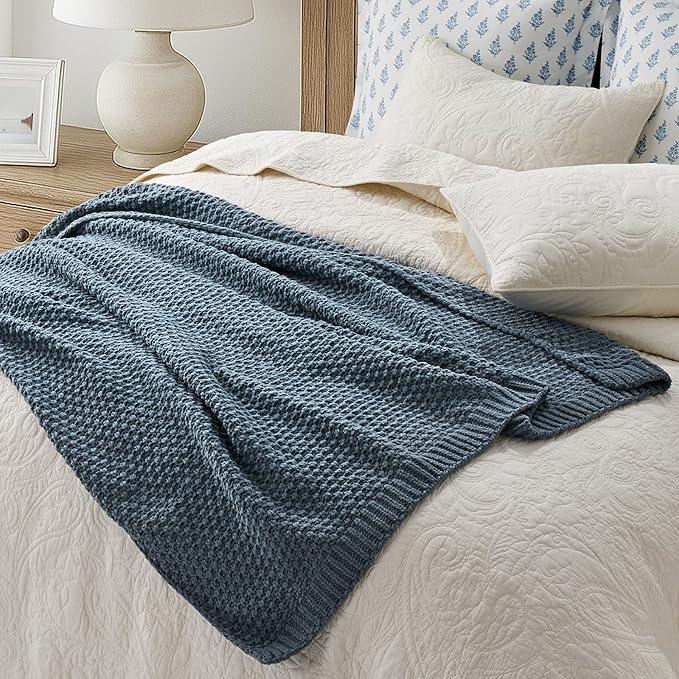 Chunky Chenille Knit Throw Blanket for Couch, Soft Luxurious Moss Stitch Blankets for Bed, Cozy Decorative Farmhouse Knitted Throws for Sofa, Stormy Blue, 60
