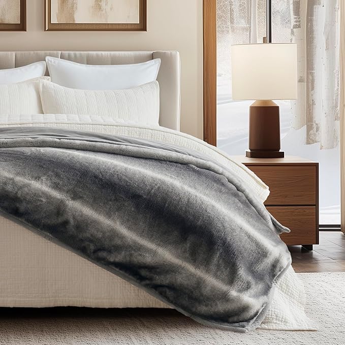 Ultra Soft Luxury Fluffy Mink Faux Fur Throw Blanket, Thick Warm Fall Winter Blankets for Bed, Couch, Cozy Plush Reversible Blanket for Chair, Sofa (Ombré Silver Onyx, 60