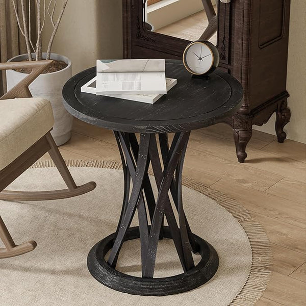 Round Farmhouse End Table with Crisscross Pedestal Base, Distressed Finish Side Table Rustic Accent Table for Living Room, Pine Wood, Black