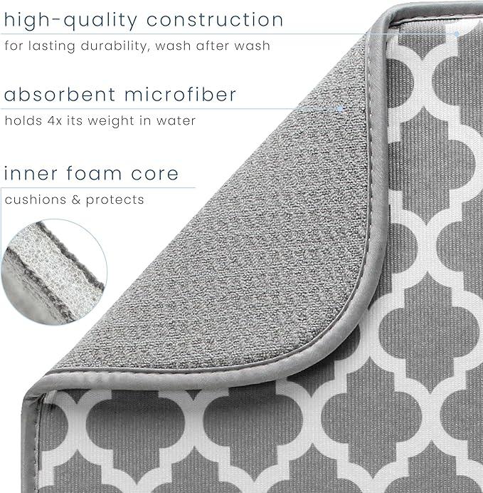 S&T INC. Dish Drying Mat, 16” x 18”, Absorbent Microfiber Kitchen Counter Mat, Dish Drying Pad for Dishes, Utensils, Pots and Pans, Large, White Trellis