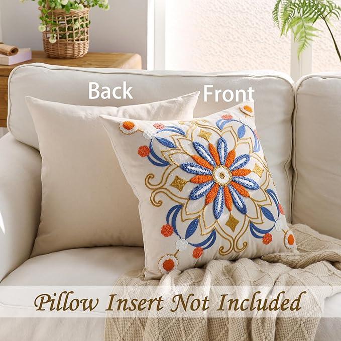Embroidered Throw Pillow Cover 18x18 Classic Boho Floral Pattern Pillows Cover Outdoor Decorative Pillowcase,Durable Cozy Textured Cushion Case for Sofa Couch Bed Living Room,Orange Blue