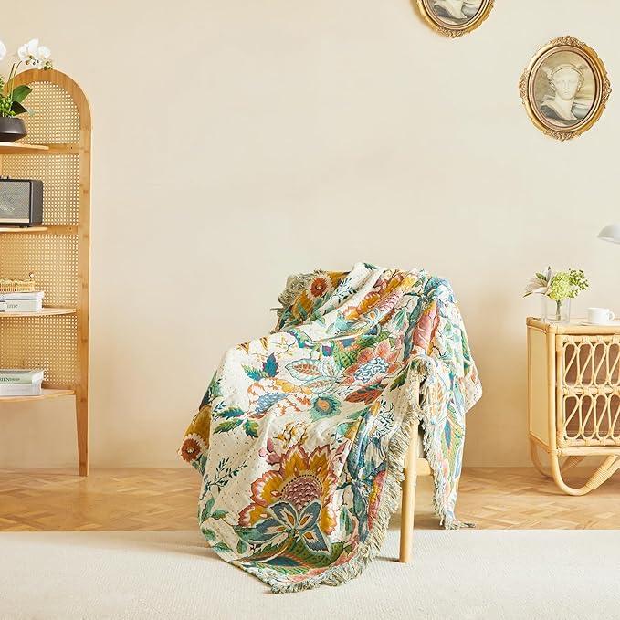 MSGKV Boho Throw Blanket for Bed Twin Size Cotton Muslin Breathable Vine Blanket 60