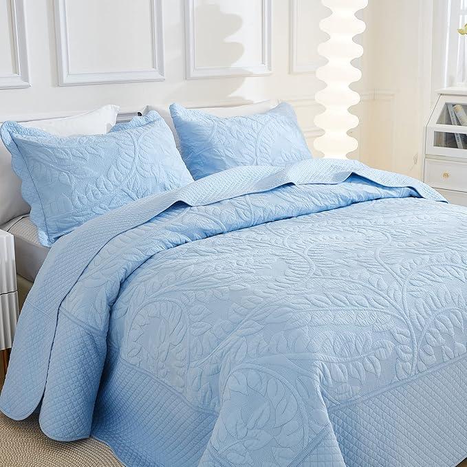 MarCielo 3-Piece 100% Cotton Oversized Bedspread Lightweight Quilt Coverlet Embroidery Farmhouse Bedding Set T0 (Light Blue, Oversized King (118