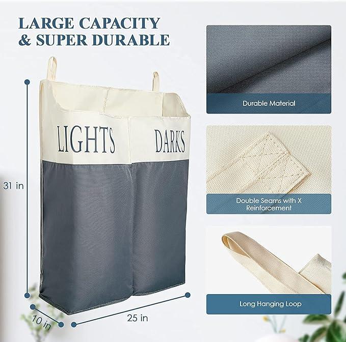 The Fine Living Co. X-Large Two Compartments Hanging Laundry Hamper with Over Door Hooks, Durable Space Saving Laundry Bag Storage with Bottom Zipper, Wide Open Top Dark/Light Compartment(25