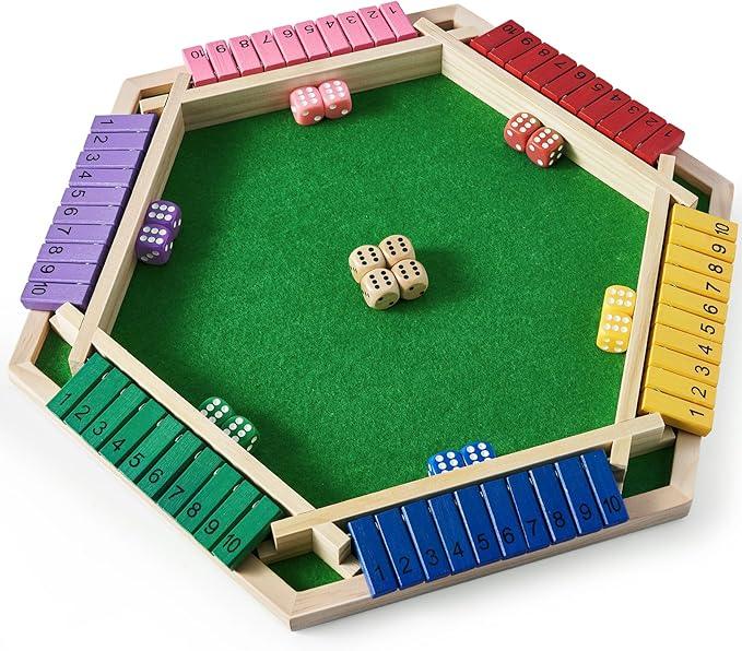 Vamslove Shut The Box Game for 6 Player with 12+4 Dice - Colorful 6 Sided Wooden Board Math Number Games for Kids Adults Families Party Club (Instructions Included)