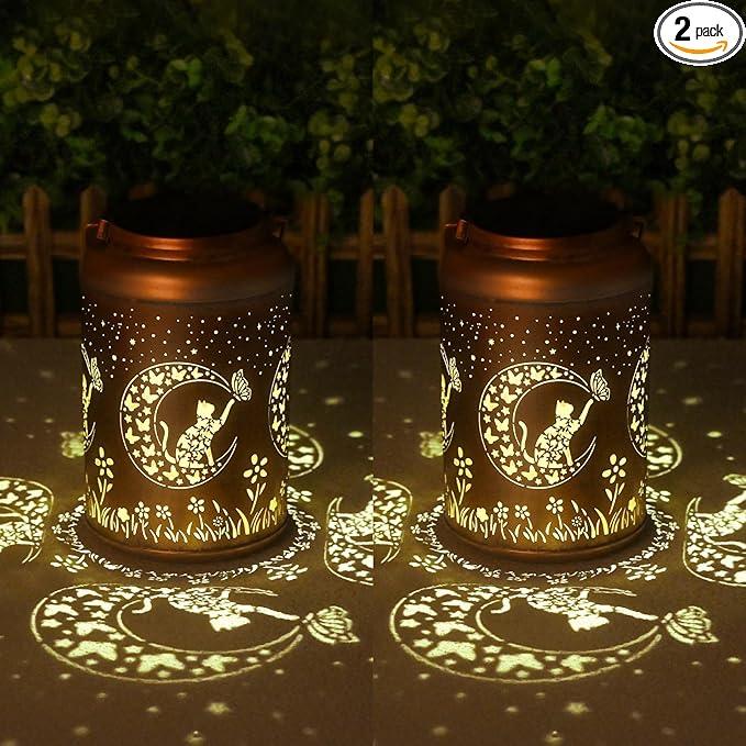 Solar Lanterns Outdoor Waterproof - 2 Pack Cat Garden Decor Birthday Gifts for Women Mom Grandma Hanging Solar Lights Metal Solar Lantern for Outside, Patio, Outdoor, Yard, Backyard, Porch