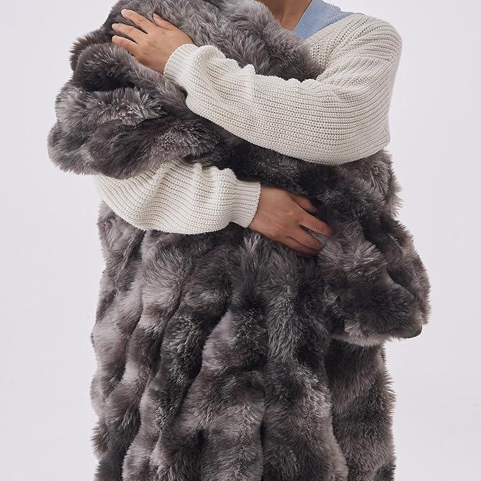 Lotus Karen Faux Fur Blanket Tie-Dye Dark Gray Twin Size - Big Bubble Rabbit Fluff Throw for Couch Small Fluffy Fuzzy Cozy Thick Furry Plush Shaggy Blankets 108x90 Inches