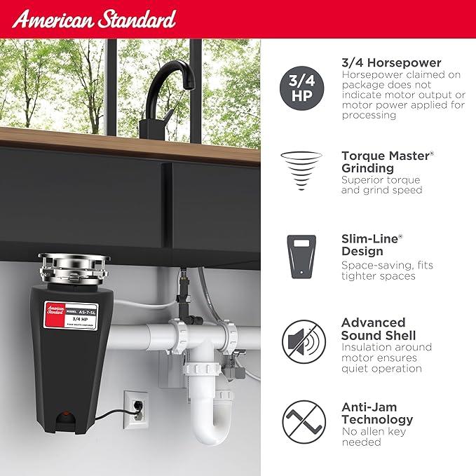 American Standard 10-US-AS-7-SL Garbage Disposal Anti-Jam Stainless Steel Food Waste Grinding System, Slim Line, 3/4 HP, Black