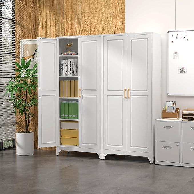 Kitchen Pantry Cabinet,75”White Metal Storage Cabinets with Doors and 4 Adjustable Shelves,Kitchen Cabinet with 2 Gold Handles,Tall Cabinet for Livingroom,Pantry, Bathroom