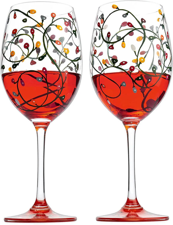Stemmed Christmas Lights Wine Glasses Set of 2 - Hand Painted Wine Glass Ornament Light Bulbs Glasses, Perfect for Wine, Champagne, Holiday Parties and Festivities - 9.5