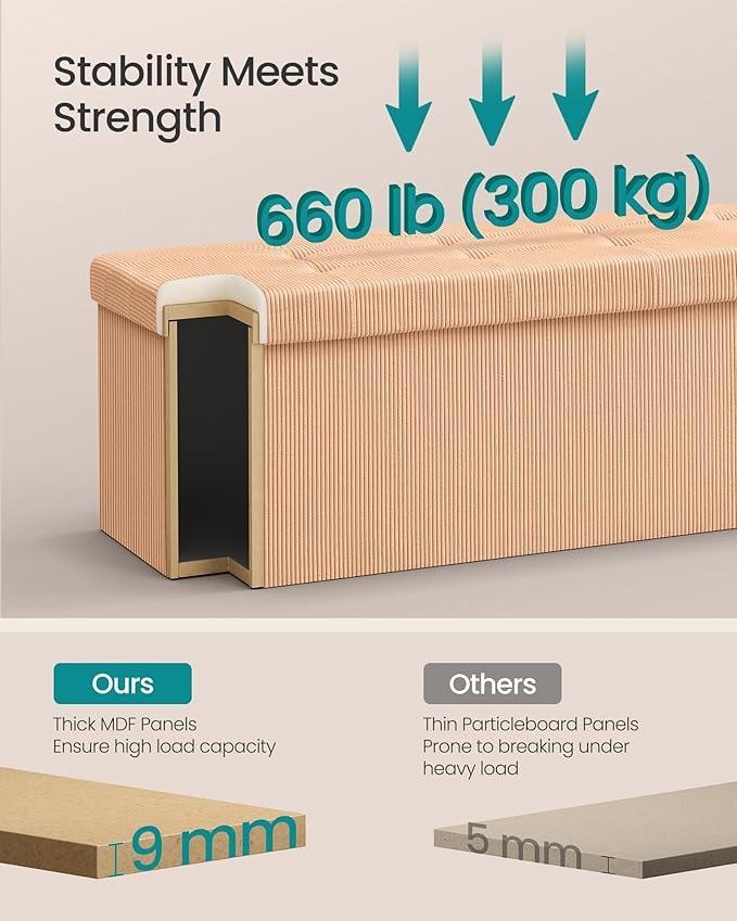 SONGMICS MAZIE Collection - Storage Ottoman Bench, Foldable Foot Rest, 15 x 43 x 15 Inches, End of Bed Bench, Storage Chest, Load 660 lb, Living Room, Bedroom, Entryway, Apricot ULSF604O01