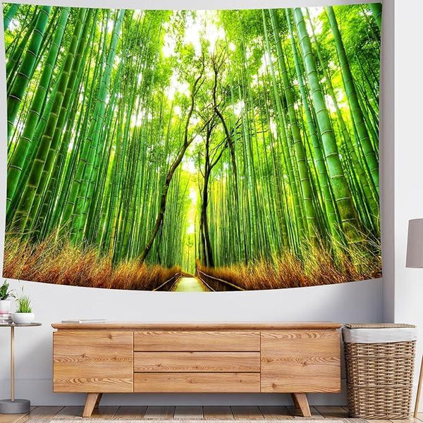 Delur Forest Pathway Tapestry Sunset Tropical Rainforest Nature Tree Tapestry Wall Hanging Sunrise Scenic Natural Green Landscape Headboard for Bedroom Living Room Home Decor (70.8