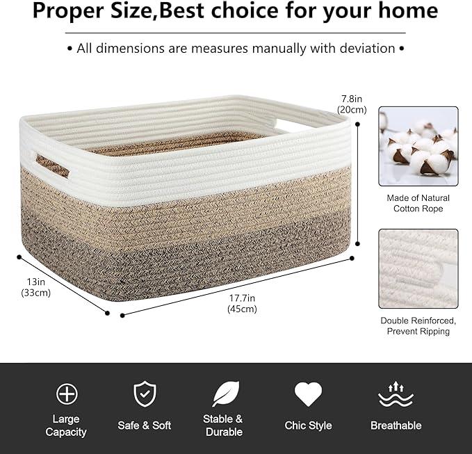 Large Storage Basket for Organizing, Woven Rope Basket for Shelves, Closet Organizer Bins for Clothes, Blanket, Toys, Baby Nursery Storage, 17.7