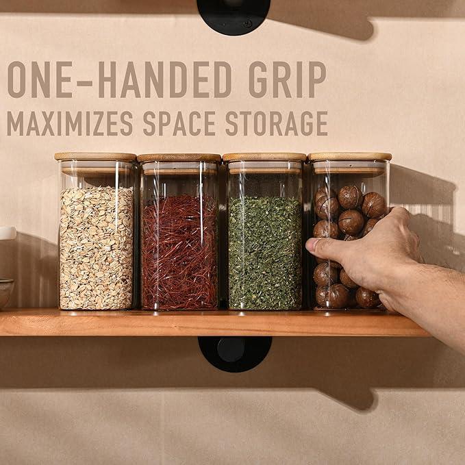 37oz Rectangle Airtight Glass Storage Containers with Bamboo Lids (Set of 6), Square Food Storage Jar, Pantry Organizers for Cereal, Nuts, Snacks and Coffee beans (‎with Black Lable)