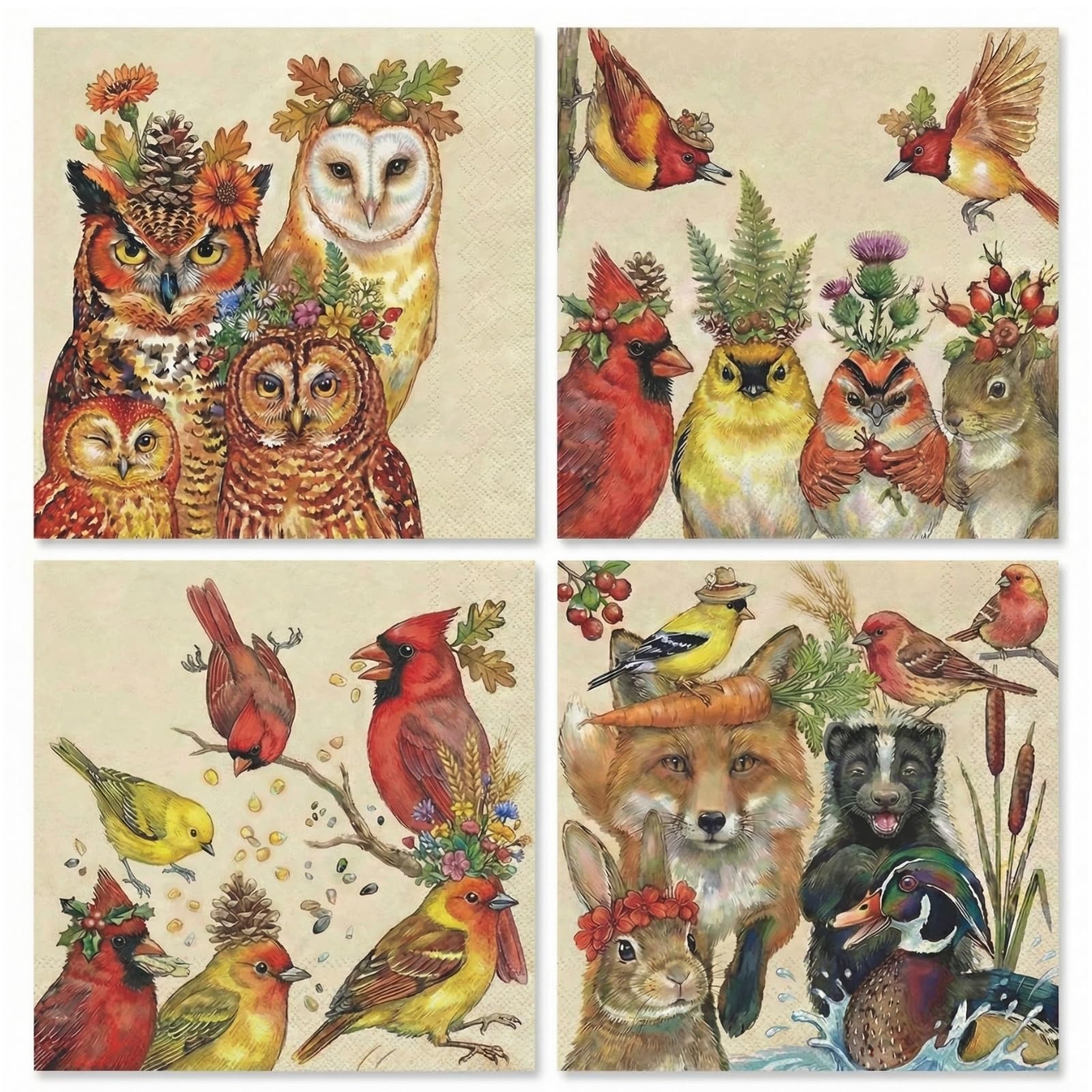 Khen Woodland Napkins, 100 Pack 4 Designs, 5