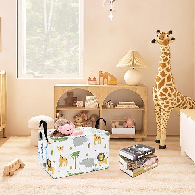 LANGYASHAN Rectangular Storage Bin Collapse Canvas Fabric Cartoon Storage Basket with Handles for Organizing Home Kitchen Boys and Girls Toys Office Closet Shelf Baskets (Rec animal)