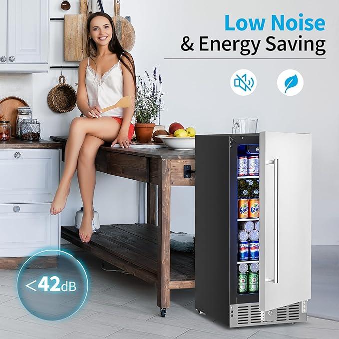 15 Inch Undercounter Beverage Refrigerator - 126 Cans Beverage Fridge with Stainless Steel Door for Beer Wine Soda - Built-in or Freestanding Wine Cooler for Home Kitchen Bar