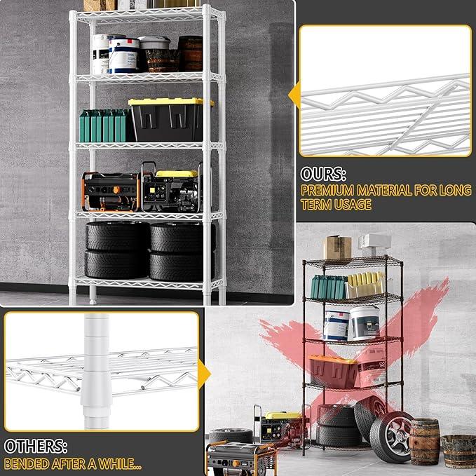 1250 lbs 5 Tier Shelf Metal Storage Shelves Wire Rack Closet Organizers for Garage Kitchen Bathroom Laundry White 11.8