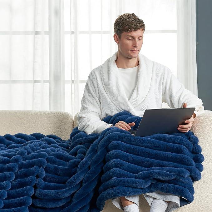 Cozy Bliss Faux Fur Throw Blanket for Couch, Cozy Warm Plush Striped Blanket for Sofa Bedroom Living Room,60 * 80 Inches Navy Blue