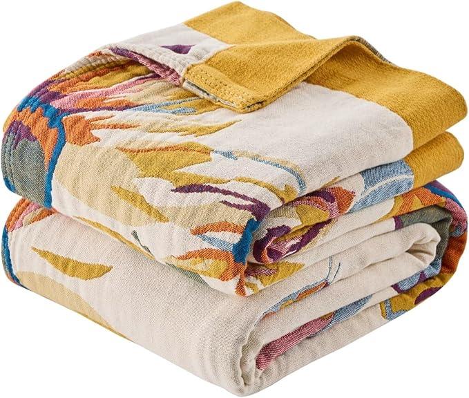 100% Muslin Throw Blanket for Couch, Butterfly and Floral Double Embroidery Summer Throw Blanket 60
