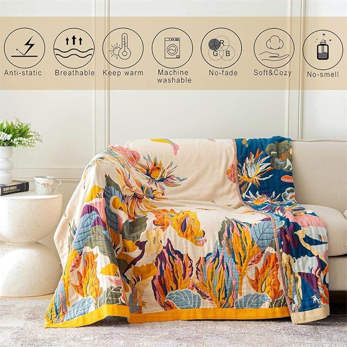 Boho Throw Blanket for Couch 100% Cotton Throw Floral Bed Blanket 80''x90'',Cotton Quilts Travel Knitted Muslin Blanket Home Decor Cozy Blankets for Women