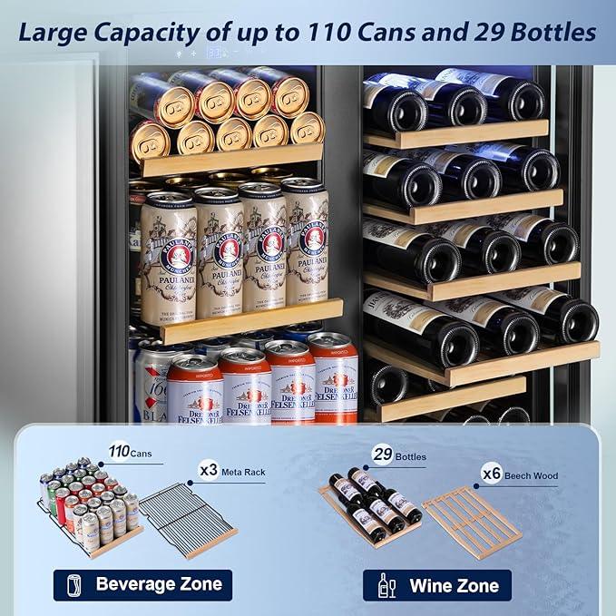 Tylza 30 Inch Wine and Beverage Refrigerator, Dual Zone Wine Beverage Cooler 30