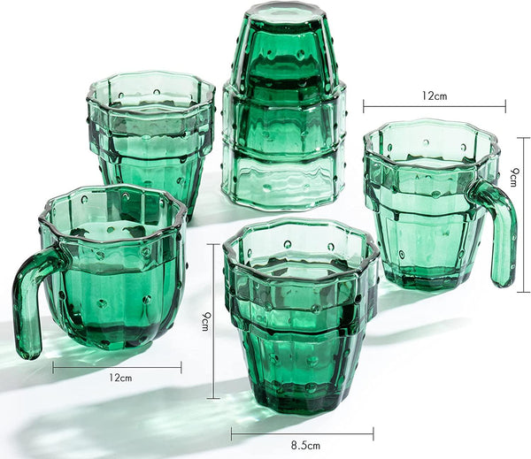 Cactus Stackable Glasses, Stacktus Gifts, Set of 6-10 oz Cactus Shape Glasses With Handles Green Glass Blown Figurines Plant Decorations for Parties 3.5