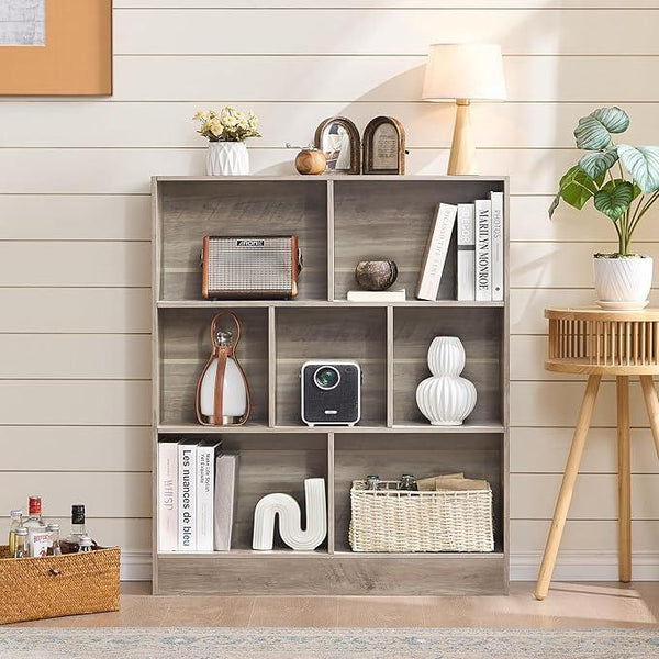 LEYAOYAO 7 Cube Bookshelf with Base,3 Tier Mid-Century Modern Grey Bookcase,Standing Wide Bookshelves Storage Organizer Shelf,Rustic Wood Display Cabinet Book Shelves for Bedroom,Living Room,Office