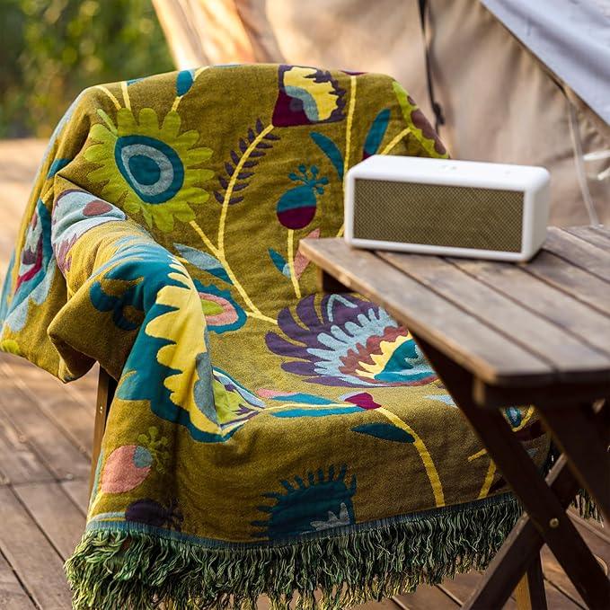 Snycler Boho Throw Blanket for Bed, 100% Organic Cotton Muslin Soft Throw-Yellow Boho Floral Farmhouse Rustic Spring Summer Fall Decor Blanket for Couch Sofa Quilt and Gift, 60