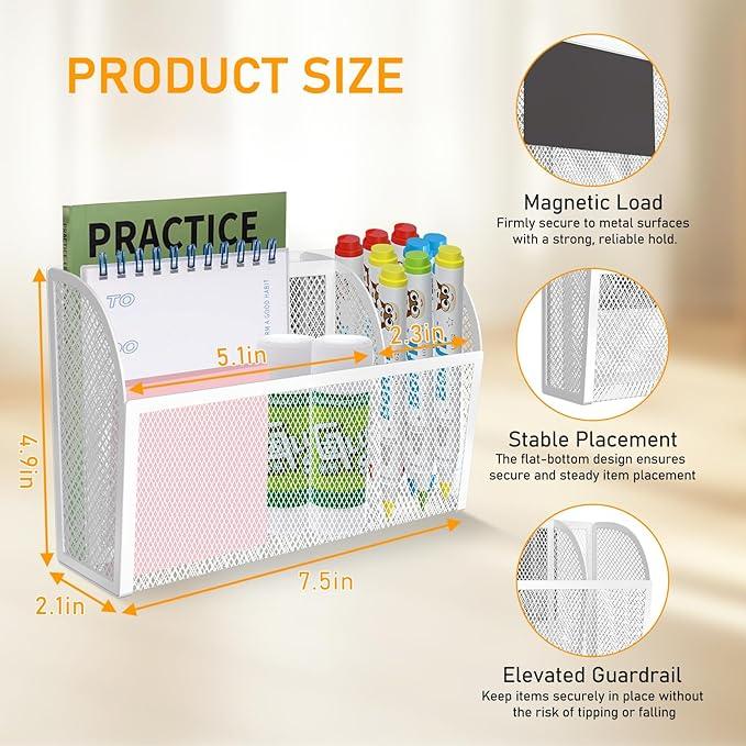 Magnetic Pencil Holder Magnetic Shelf for the Whiteboard 3-Grid Mesh Magnetic Pen Holder for Refrigerator Magnetic Organizer Locker Accessories Organizer for Office (White)