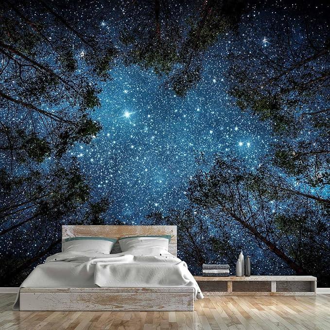 WFBHUA-Forest Starry Wallpaper Mural Night Galaxy Tree Sky Wallpaper for Living Room Bedroom Ceiling(Not Peel and Stick)