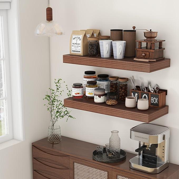 Deep Floating Shelves for Wall | 12 Inch Deep Floating Shelves 30 Inches Long Set of 2 | Rustic Walnut Floating Shelves for Living Room Bathroom Laundry Room Bedroom Kitchen Home Office