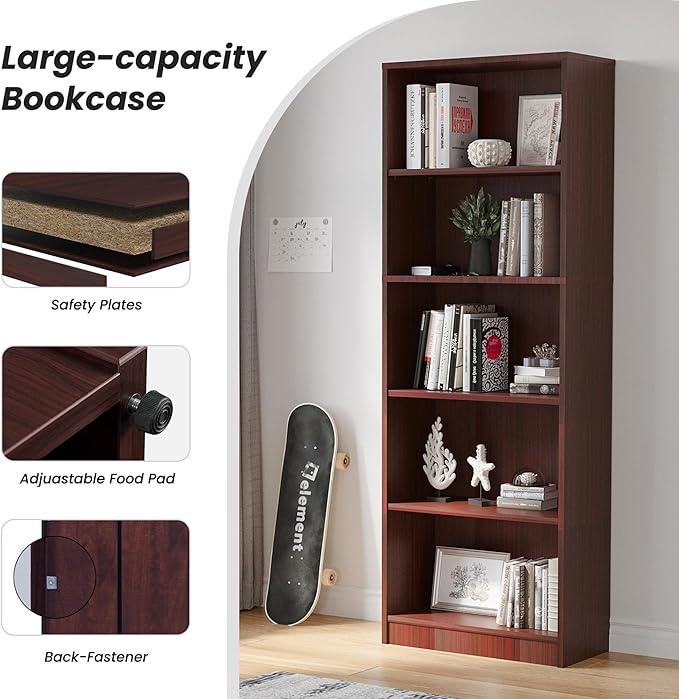 Bookshelf, Open Modern Bookshelf, 5 Shelf Bookcase with Freestanding Display Storage, Wooden Book Shelf for Bedroom, Living Room, Dinning Room, Office,Brown