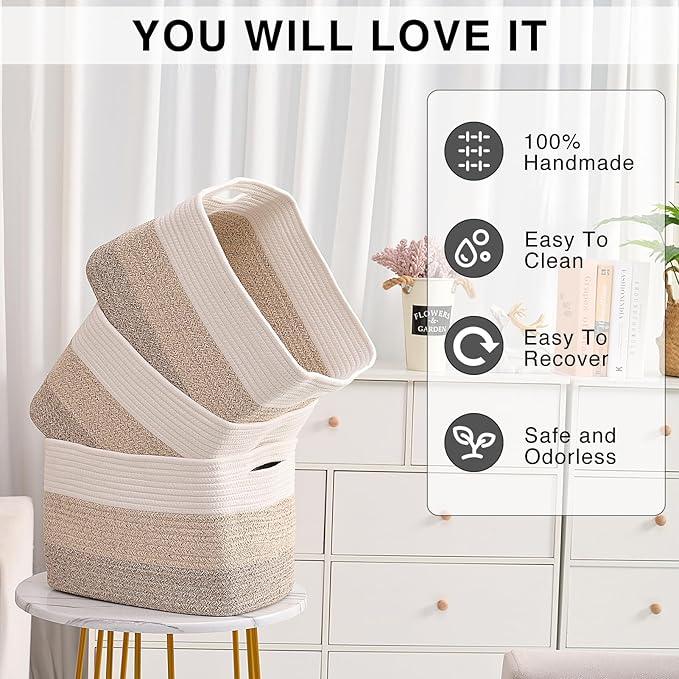 Storage Baskets for Organizing Shelves, Woven Cotton Rope Bins for Baby Nursery Organization, Book Toy Towel Organizer, 15