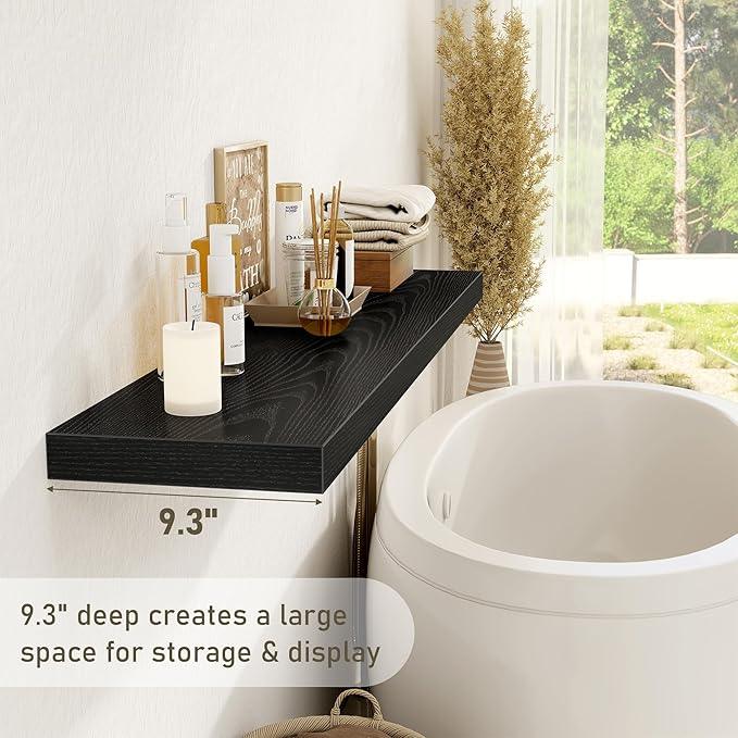 Black Floating Shelves Wall Shelf 48 Inch, 9.3 Inch Deep Floating Shelf for Wall, Farmhouse Black Wood Shelves Invisible Bracket for Living Room, Bedroom, Kitchen, 48 x 9.3 x 1.4 Inch, Set of 2