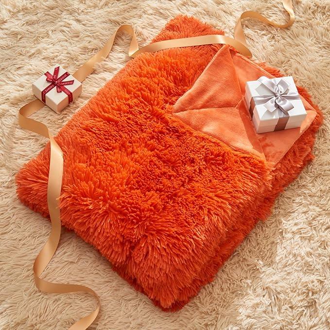 GONAAP Fuzzy Faux Fur Throw Blanket Queen Size Orange Super Soft Cozy Plush Fuzzy Shaggy Blanket for Couch Sofa Bed (Orange, Queen(90