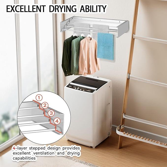 FOCHIER F Laundry Drying Rack Wall Mounted Clothes Drying Rack Collapsible with 4 Aluminum Rods and Drilling Template Long Screwdriver Bit 60 lbs Capacity (White, 23.6
