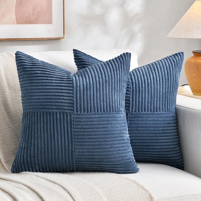 Fancy Homi 2 Packs Dusty Blue Euro Decorative Throw Pillow Covers 28x28 Inch for Couch Bed, Rustic Farmhouse Boho Home Decor, Soft Corss Corduroy Patchwork Textured Square Cushion Case 71x71 cm