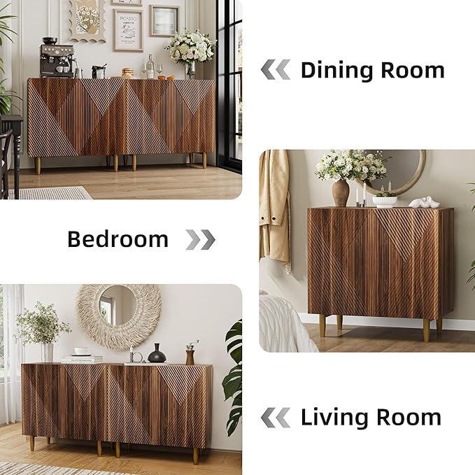 65 Inch Fluted TV Stand, Mid Century Modern Entertainment Center with Storage Cabinets & Adjustable Shelves, Media Console TV Credenza for Living Room, Dining Room, Hallway, Walnut