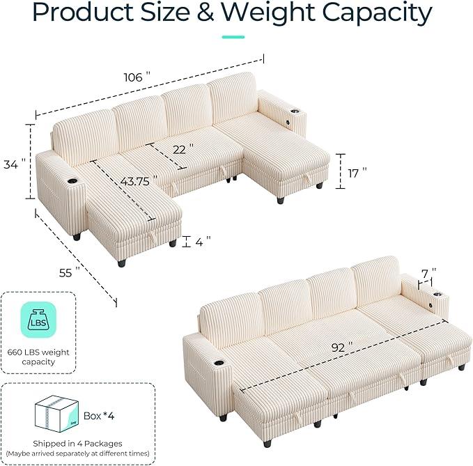LINSY HOME Sectional Sleeper Sofa with Pull Out Couch Bed - Convertible Plush Corduroy Cloud Couch with Storage Chaise & USB Charging, Comfy U Shaped Modular Couches for Living Room, Beige