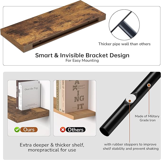 Floating Shelves - 2 Pack 9 Inch Rustic Wooden Wall Shelves - Extra Deeper & Thicker Wall Mounted Storage Shelf for Living Room, Kitchen, Farmhouse - 24