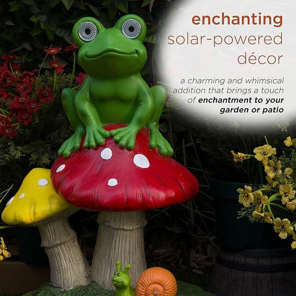 Alpine Corporation ZEN390SLR-L Frog on Mushroom Statue with LED Lights, Solar-Powered LED Frog Garden Statue, 24