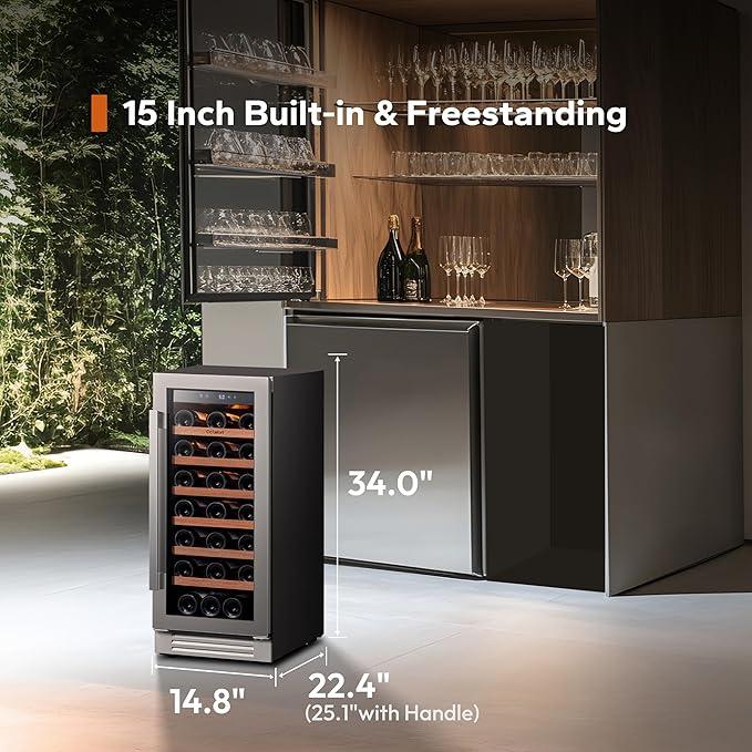 Ca'Lefort 15 Inch Wine Fridge, 33 Bottle Wine Cooler Refrigerator, 40-65°F Wine Refrigerator Glass Door, 3 LED Wine Fridge, Built-in or Freestanding Wine Fridge for Home/Bar/Kitchen (3.0 cu.ft)