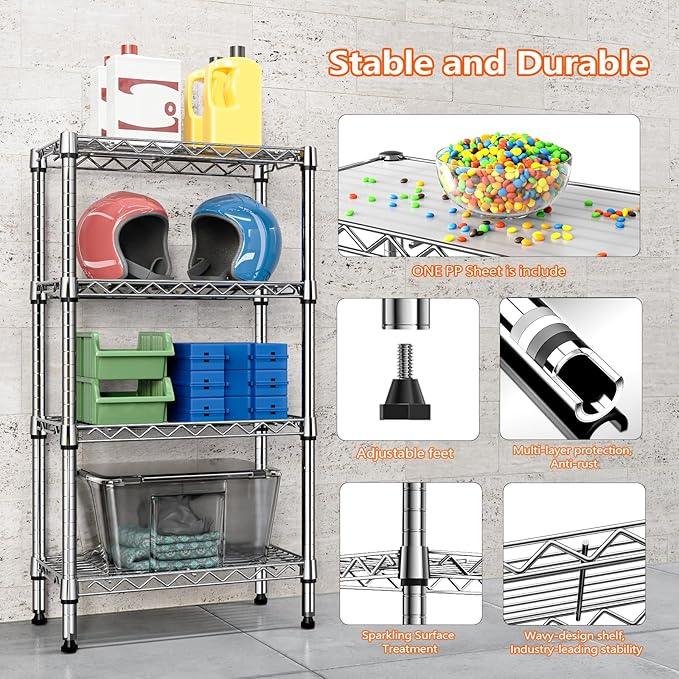 1000 lbs 4 Tier Shelf Metal Storage Shelves Wire Rack Closet Organizers with PP Board for Garage Kitchen Bathroom Laundry Chrome 11.8